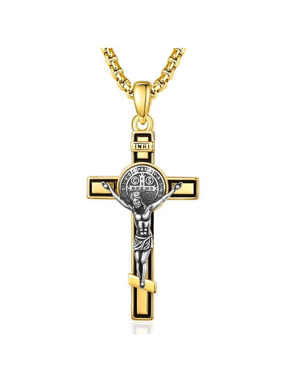 St Benedict Crucifix Gold Cross Necklace Sterling Sliver Catholic Necklace Jewelry for Men Daily Wear