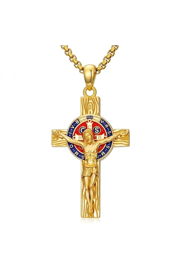 Crucifix Necklace 14K Gold Plated Catholic Pendant Christian Religious Amulet Jewelry Gift for Men Women