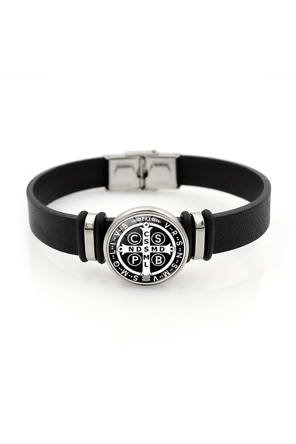 St. Benedict Medal Buckle Bracelet - Stylish Black Faux Leather with Golden-Tone Pendant, Personalized Gift for Daily & Party Occasions, Everyday Accessory | Religious Accessory | Durable Faux