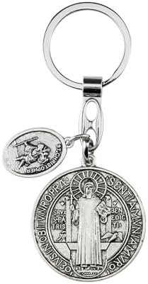Needzo Saint Benedict Keychain – Vintage Silver Toned Medal With St Michael & St Benedict