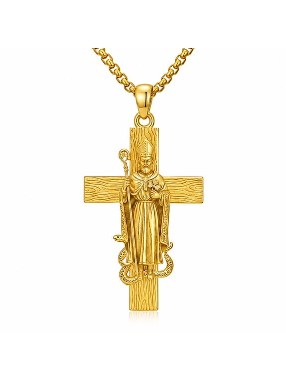 Saint Patrick Necklace for Men, 14K Gold-Plated Cross Pendant Catholic Courage Jewelry Gift