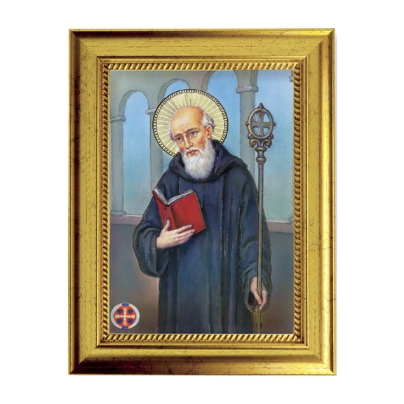 St. Benedict Picture Framed Wall Art Decor Small, Antique Gold-Leaf Frame with Rope Detailed Lip