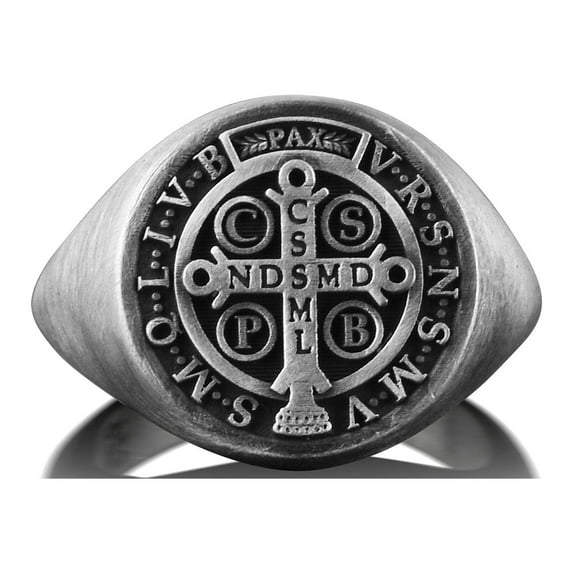 St Benedict Signet Pinky Ring for Men in Sterling Silver, Extraordinary Cross Ring in Christianity, Antique Faith Ring in Silver, Men Gifts