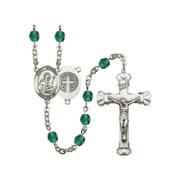 St. Benedict Silver-Plated Rosary 6mm December Blue Fire Polished Beads Crucifix Size 1 5/8 x 1 medal charm