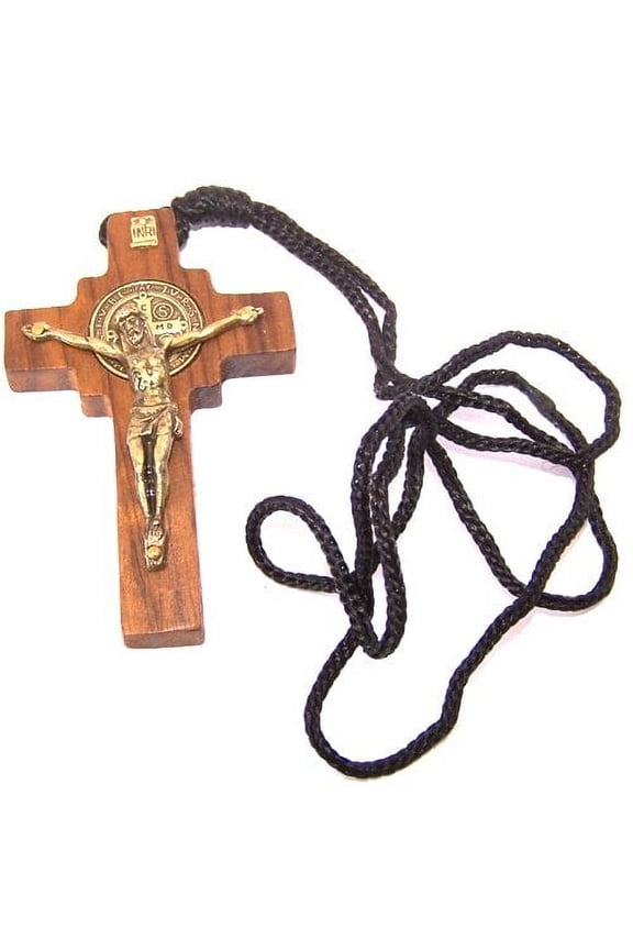 St. Benedict Wooden Bronze Crucifix pendant w/CSSMI medal - Thick (7cm or 3.