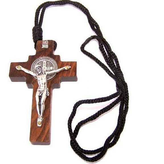 St. Benedict Wooden Pewter Crucifix pendant w/ CSSMI medal - Thick (7 cm or 3 Inches )