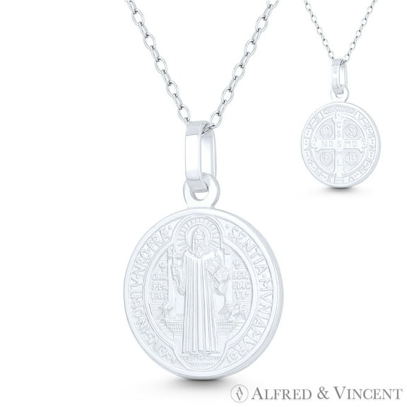 St. Benedict of Nursia & Cross Reversible 18mm (0.7in) Medal Pendant in .925 Sterling Silver