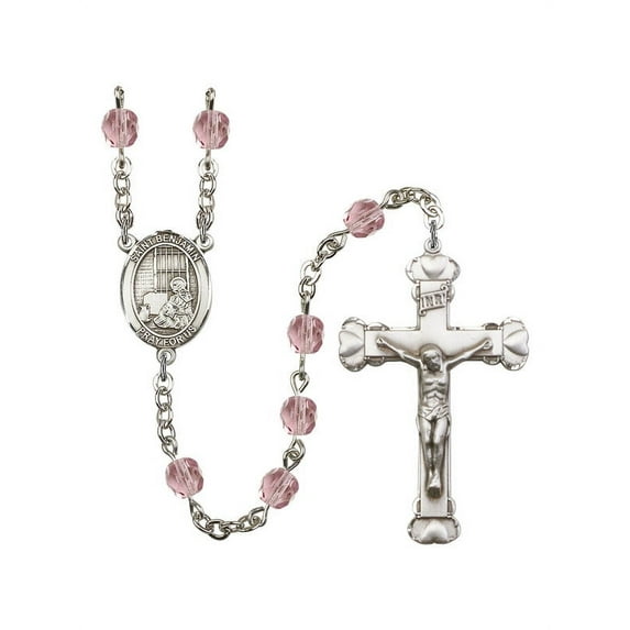St. Benjamin Silver-Plated Rosary 6mm June Light Purple Fire Polished Beads Crucifix Size 1 5/8 x 1 medal charm