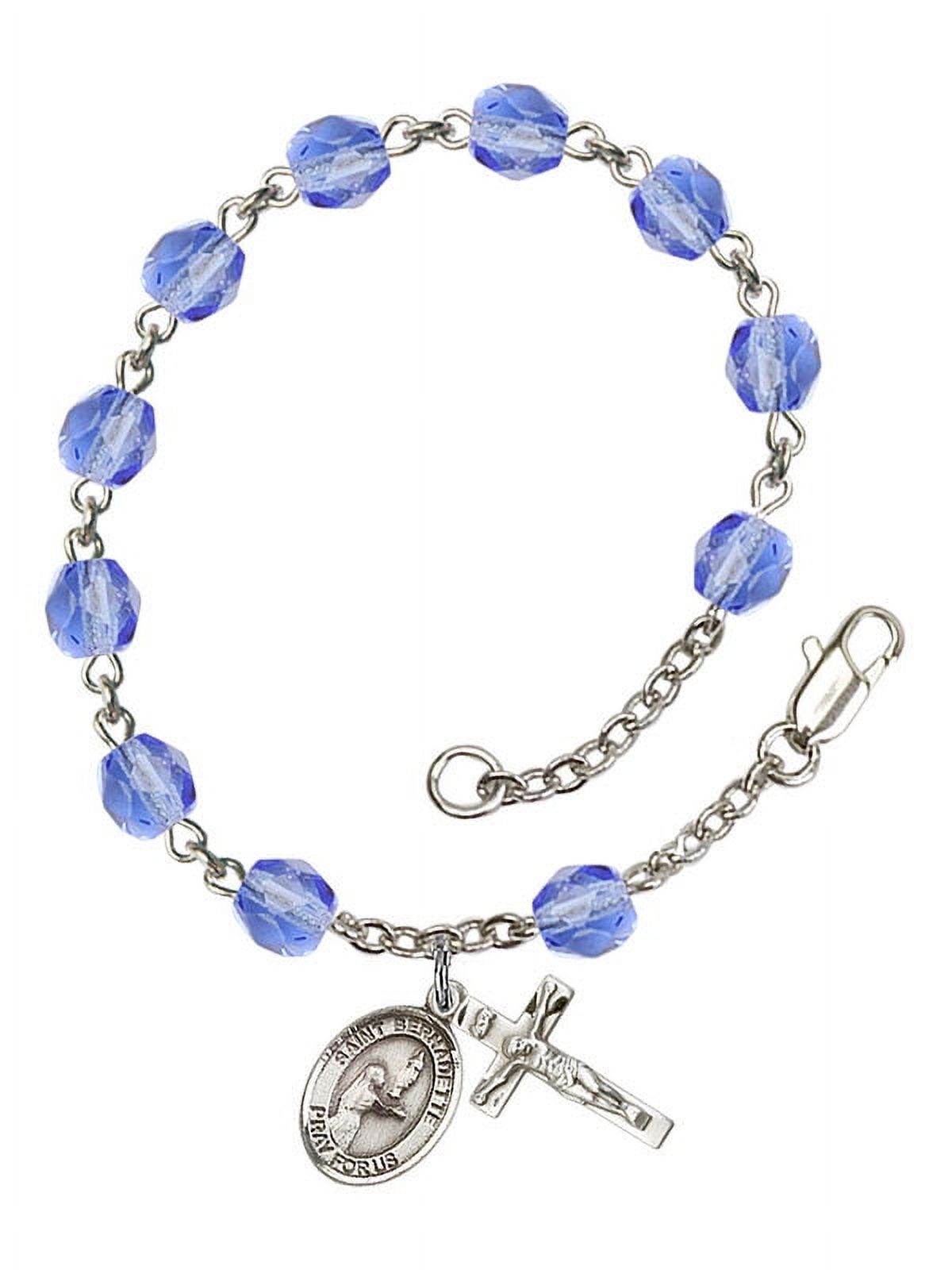 St. Bernadette Silver Plate Rosary Bracelet 6mm September Blue Fire Polished Beads Crucifix Size 5/8 x 1/4 medal charm