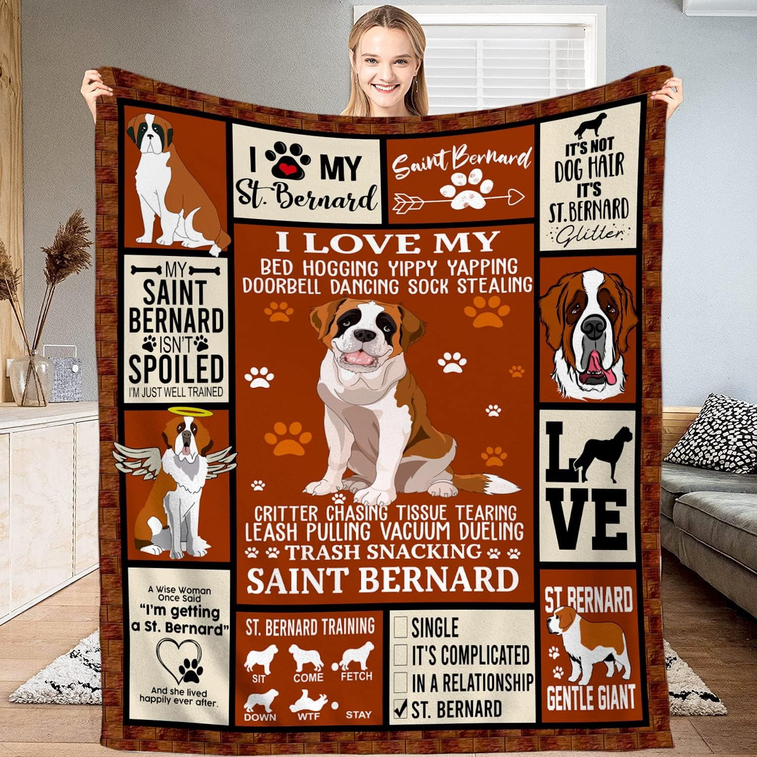 St Bernard Dog Blanket Dog Print Blanket Cozy Warm Soft Blanket Fluffy Blankets Small Puppy Blankets Birthday Gifts- Saint Bernard Blanket for Girls Dog Theme Gifts (Large (80x60 inches))