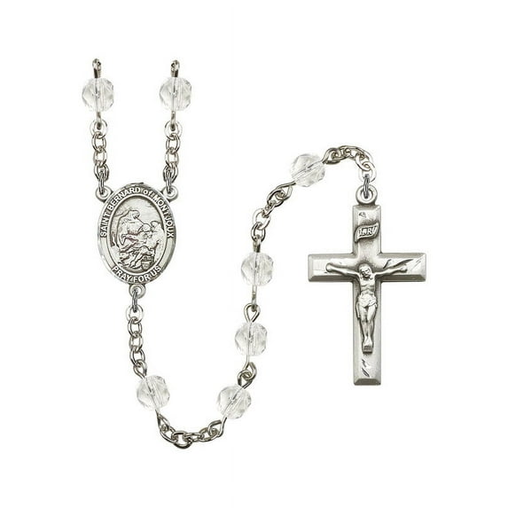 St. Bernard of Montjoux Silver-Plated Rosary 6mm April Crystal Fire Polished Beads Crucifix Size 1 3/8 x 3/4 medal charm