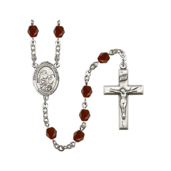 St. Bernard of Montjoux Silver-Plated Rosary 6mm January Red Fire Polished Beads Crucifix Size 1 3/8 x 3/4 medal charm