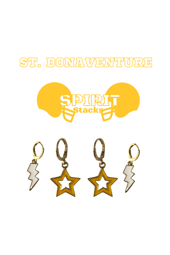 St. Bonaventure University Spirit Stack white mini enamel bolts and golden yellow statement open starboys