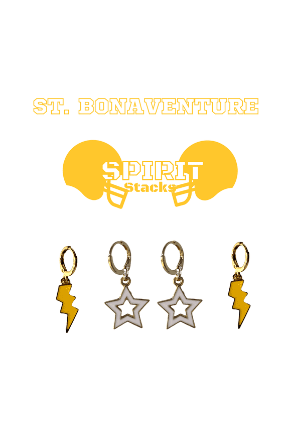 St. Bonaventure University Spirit Stack golden yellow mini enamel bolts and white statement open starboys
