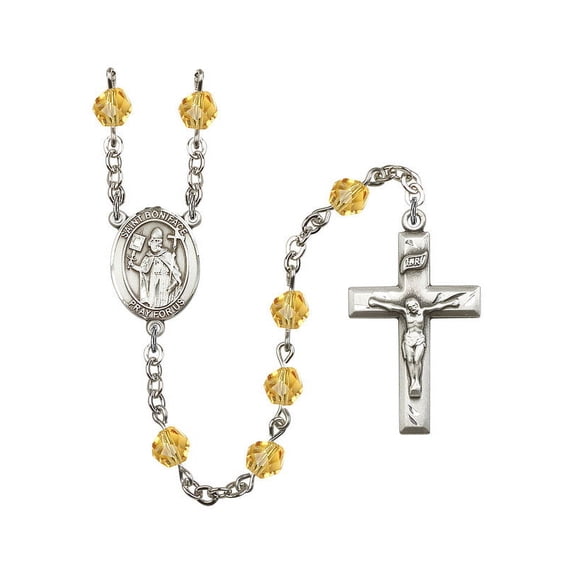 St. Boniface Silver-Plated Rosary 6mm November Yellow Fire Polished Beads Crucifix Size 1 3/8 x 3/4 medal charm