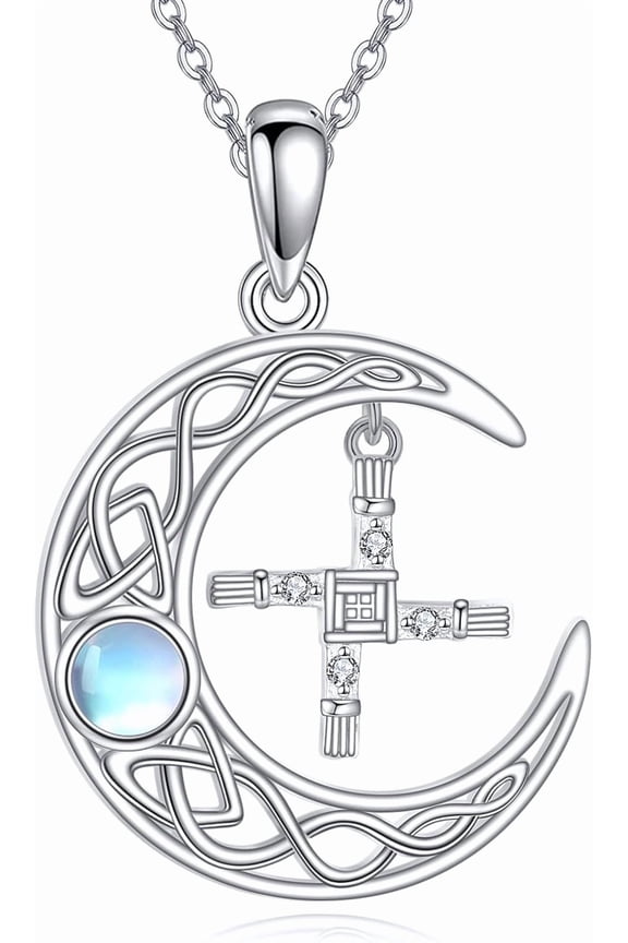 St Brigid Cross Necklace S925 Sterling Silver Moonstone Celtic Pendant Necklace Religion Protection Jewelry Gifts for Women Men