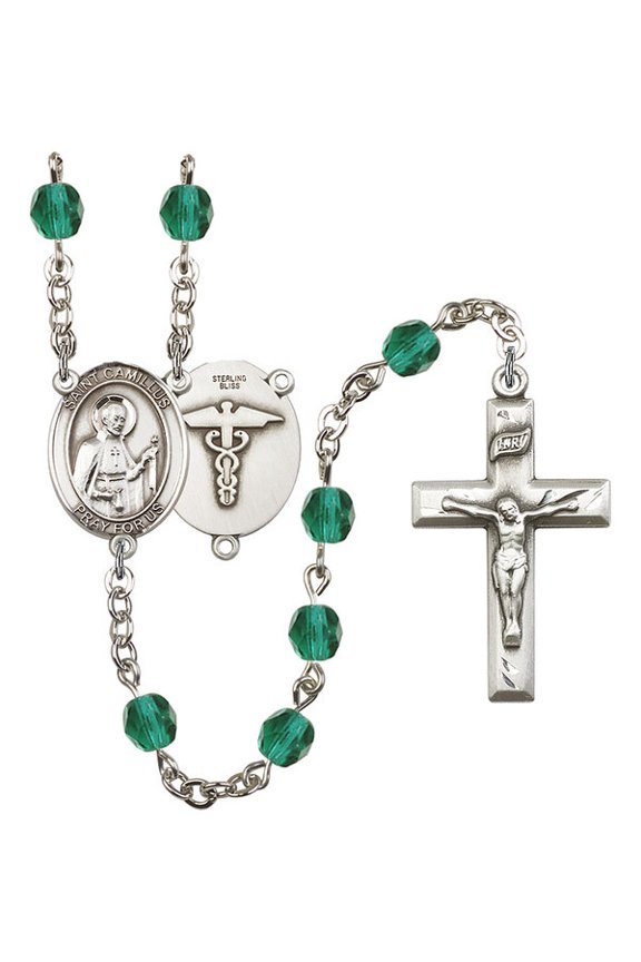 St. Camillus of Lellis / Nurse Silver-Plated Rosary 6mm December Blue Fire Polished Beads Crucifix Size 1 3/8 x 3/4 medal