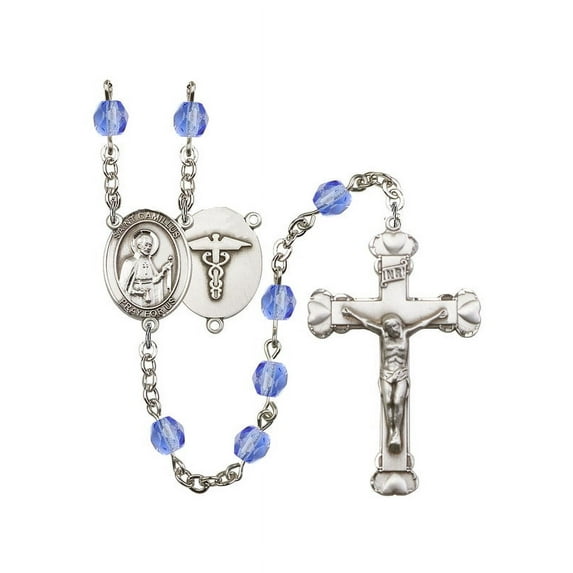 St. Camillus of Lellis / Nurse Silver-Plated Rosary 6mm September Blue Fire Polished Beads Crucifix Size 1 5/8 x 1 medal