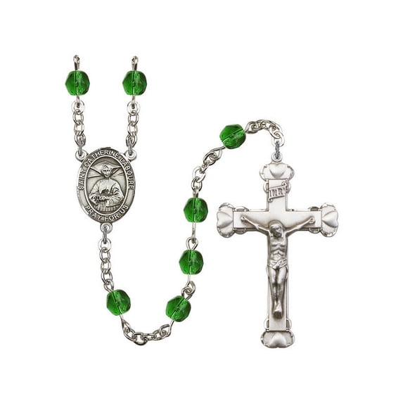 St. Catherine Laboure Silver-Plated Rosary 6mm May Green Fire Polished Beads Crucifix Size 1 5/8 x 1 medal charm