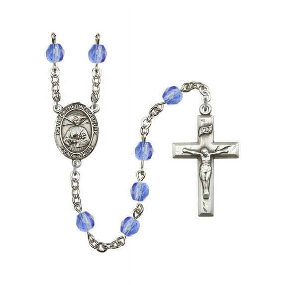 St. Catherine Laboure Silver-Plated Rosary 6mm September Blue Fire Polished Beads Crucifix Size 1 3/8 x 3/4 medal charm