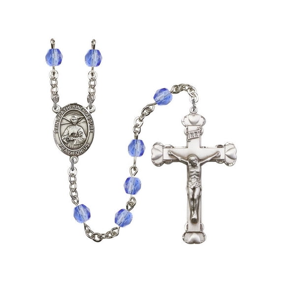 St. Catherine Laboure Silver-Plated Rosary 6mm September Blue Fire Polished Beads Crucifix Size 1 5/8 x 1 medal charm