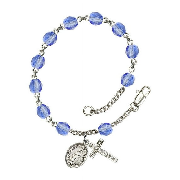 St. Catherine of Alexandria Silver Plate Rosary Bracelet 6mm September Blue Fire Polished Beads Crucifix Size 5/8 x 1/4 medal