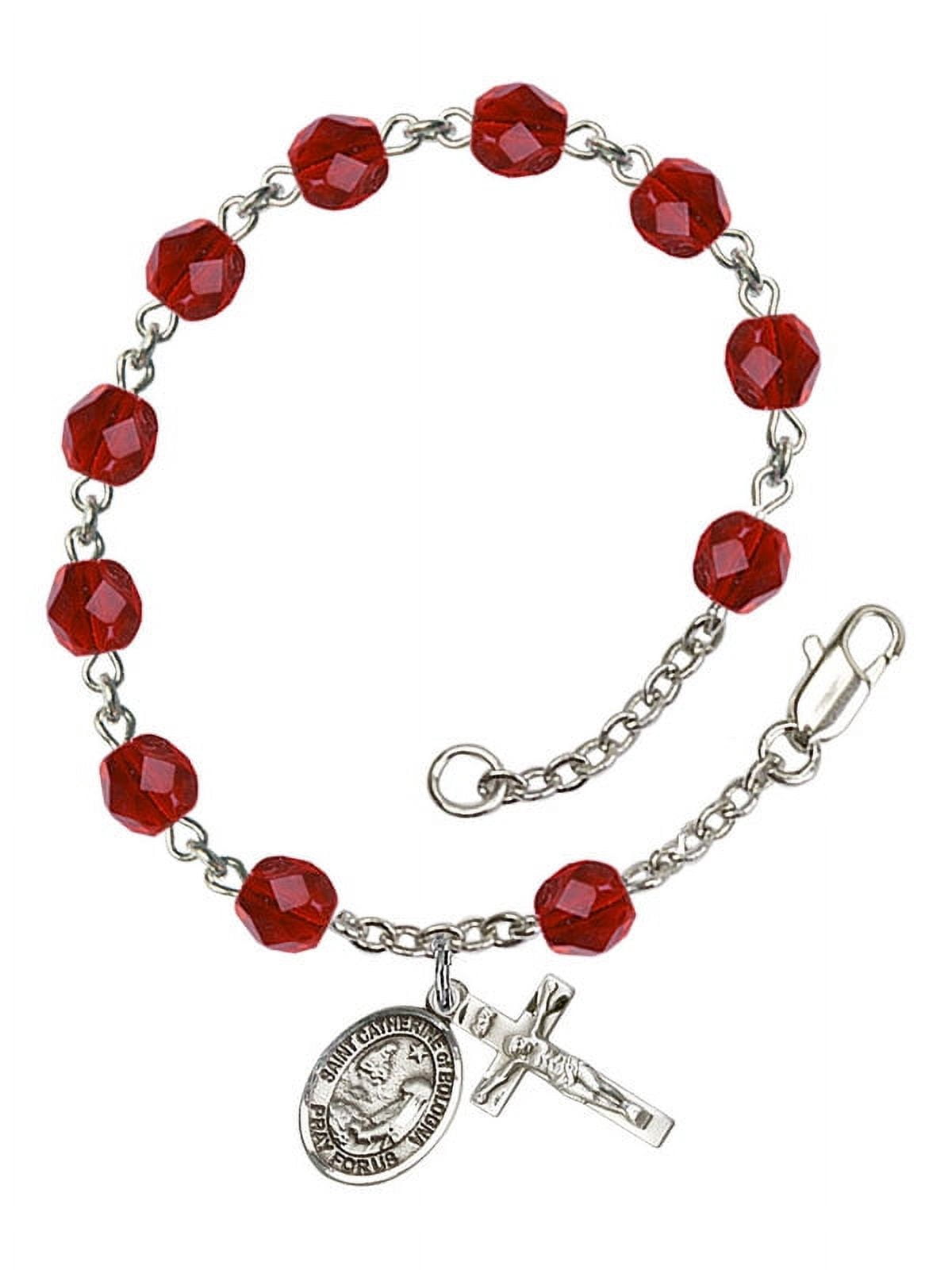St. Catherine of Bologna Silver Plate Rosary Bracelet 6mm July Red Fire Polished Beads Crucifix Size 5/8 x 1/4 medal charm