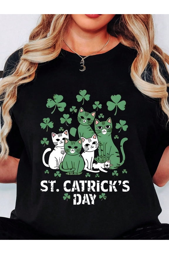 St. Catrick's Day Cat Lover T-Shirt - Lucky Shamrock Green Feline Graphic Tee for Adults