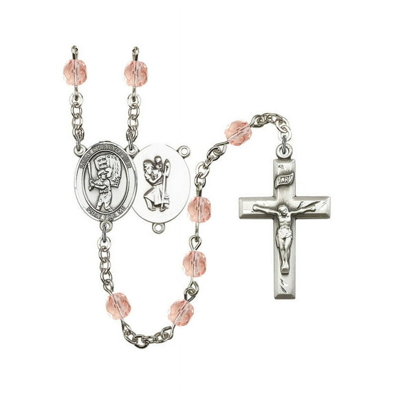 St. Christopher/Baseball Silver-Plated Rosary 6mm October Pink Fire Polished Beads Crucifix Size 1 3/8 x 3/4 medal charm