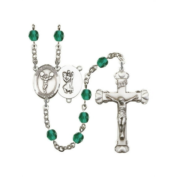 St. Christopher/Cheerleading Silver-Plated Rosary 6mm December Blue Fire Polished Beads Crucifix Size 1 5/8 x 1 medal charm