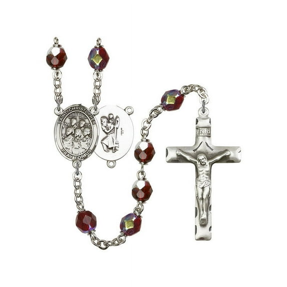 St. Christopher / Choir Silver-Plated Rosary 7mm January Red Lock Link Aurora Borealis Beads Crucifix Size 1 3/4 x 1 medal
