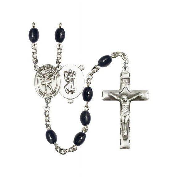 St. Christopher / Dance Silver-Plated Rosary 8x6mm Black Onyx Beads Crucifix Size 1 3/4 x 1 medal charm