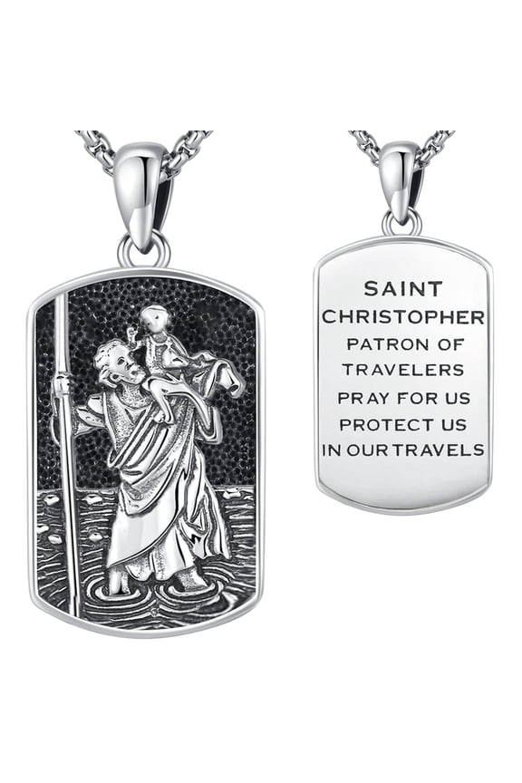 St Christopher Dog Tag Necklace 925 Sterling Silver Religious Pendant with Saint Christopher Patron of Travelers Pray For Us Inscription, Catholic Amulet Protection Jewelry for Travelers & Men Women