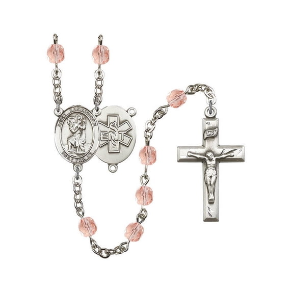 St. Christopher / EMT Silver-Plated Rosary 6mm October Pink Fire Polished Beads Crucifix Size 1 3/8 x 3/4 medal charm
