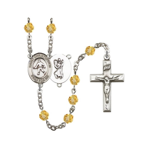 St. Christopher / Field Hockey Silver-Plated Rosary 6mm November Yellow Fire Polished Beads Crucifix Size 1 3/8 x 3/4 medal