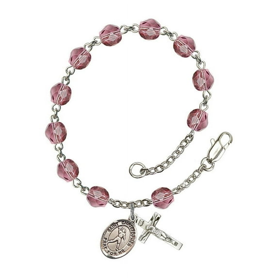 St. Christopher/Football Silver Plate Rosary Bracelet 6mm February Purple Fire Polished Beads Crucifix Size 5/8 x 1/4 medal