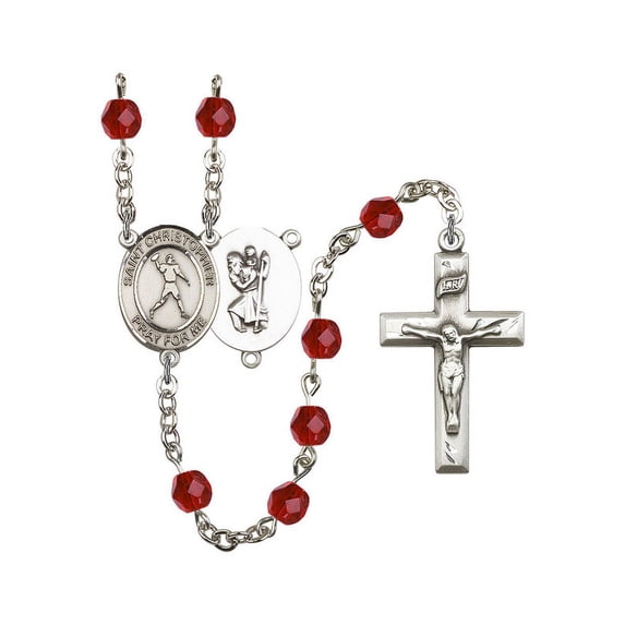 St. Christopher/Football Silver-Plated Rosary 6mm July Red Fire Polished Beads Crucifix Size 1 3/8 x 3/4 medal charm