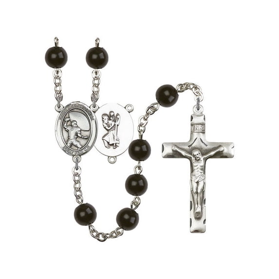 St. Christopher / Football Silver-Plated Rosary 7mm Black Onyx Beads Crucifix Size 1 3/4 x 1 medal charm