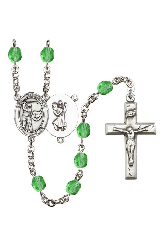 St. Christopher/Golf Silver-Plated Rosary 6mm August Green Fire Polished Beads Crucifix Size 1 3/8 x 3/4 medal charm