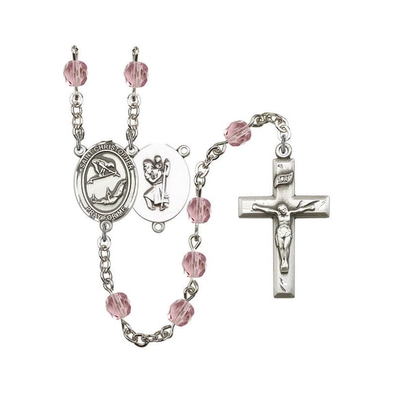 St. Christopher/Gymnastics Silver-Plated Rosary 6mm June Light Purple Fire Polished Beads Crucifix Size 1 3/8 x 3/4 medal