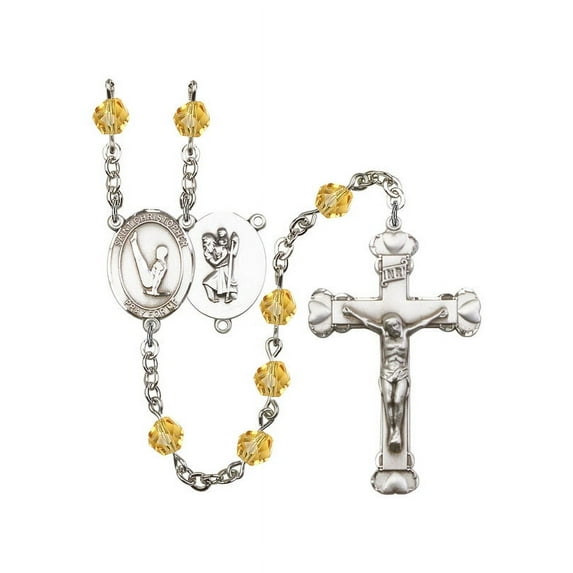 St. Christopher/Gymnastics Silver-Plated Rosary 6mm November Yellow Fire Polished Beads Crucifix Size 1 5/8 x 1 medal charm