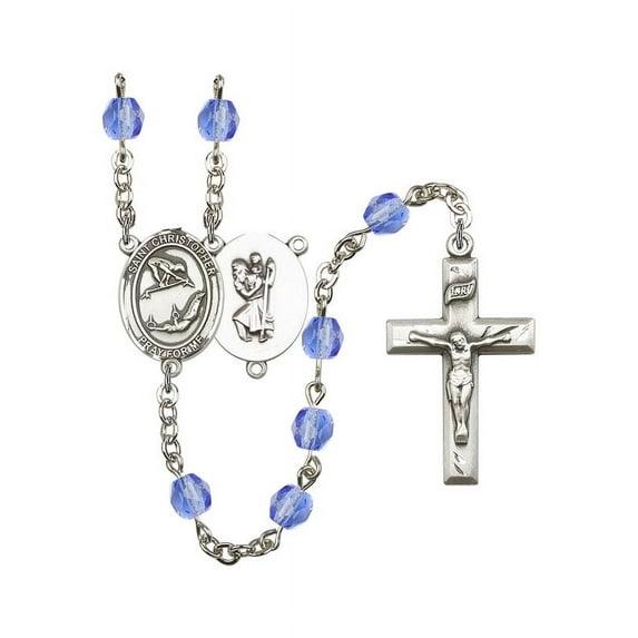 St. Christopher/Gymnastics Silver-Plated Rosary 6mm September Blue Fire Polished Beads Crucifix Size 1 3/8 x 3/4 medal charm