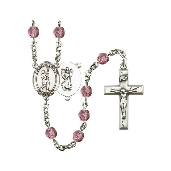 St. Christopher/Lacrosse Silver-Plated Rosary 6mm February Purple Fire Polished Beads Crucifix Size 1 3/8 x 3/4 medal charm