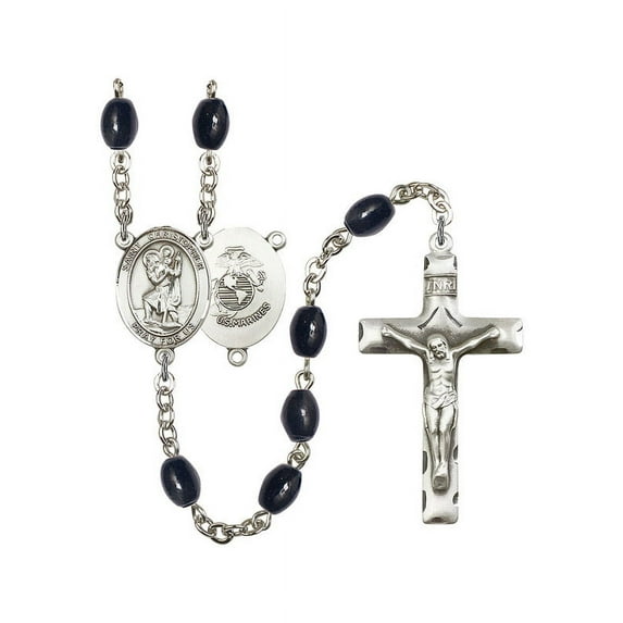 St. Christopher / Marines Silver-Plated Rosary 8x6mm Black Onyx Beads Crucifix Size 1 3/4 x 1 medal charm