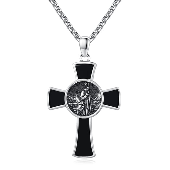 St. Christopher Necklace 925 Sterling Silver Cross Black Onyx Necklace Saint Christopher Pendant Gifts Medals for Men Women Religious Gifts