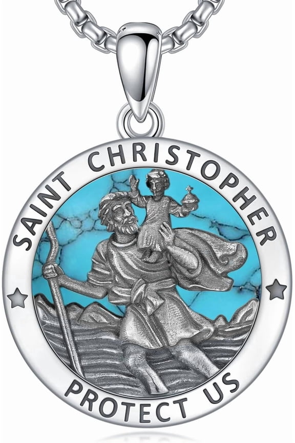 St Christopher Necklace  925 Sterling Silver Round Pendant Turquoise Saint  Medallion Protection Jewelry Religious Gifts for Men