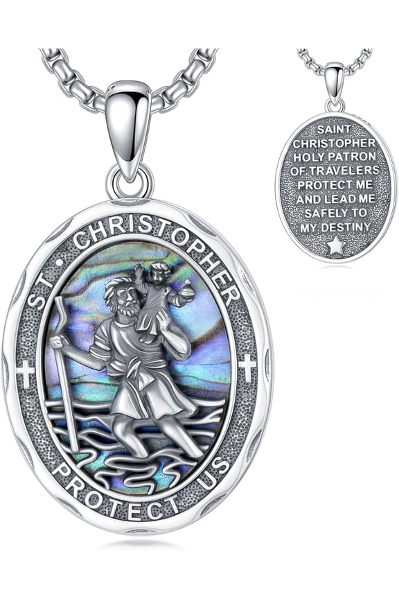 St Christopher Necklace Mens S925 Sterling Silver Abalone Shell Saint Christopher Medal Pendant with Prayer Engraving Religious Protection Jewelry Gifts for Men Travelers 22+2 Inch Chain