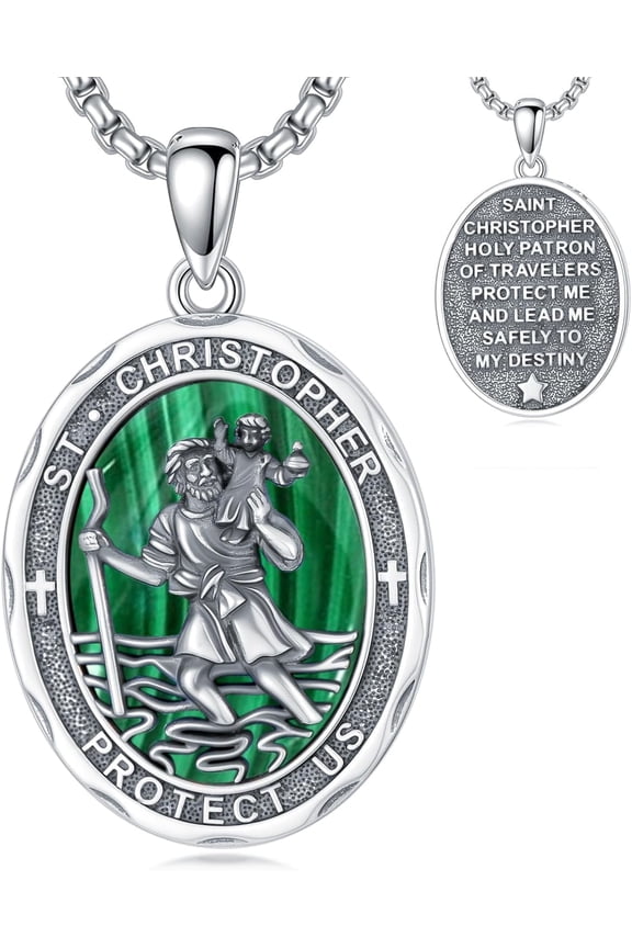 St Christopher Necklace Mens S925 Sterling Silver Malachite Saint Christopher Medal Pendant with Prayer Engraving Religious Protection Jewelry Gifts for Men Drivers Travelers 22+2 Inch Chain