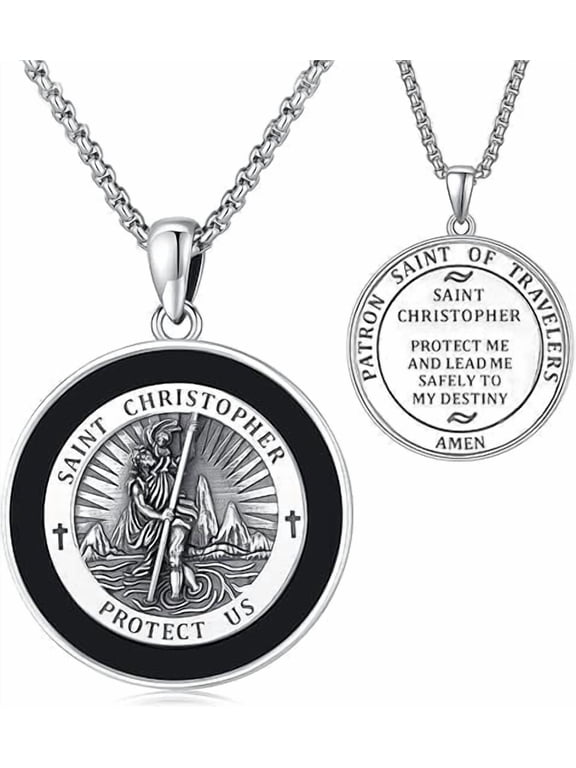 St. Christopher Necklace for Men, White Gold Plated Onyx Gift