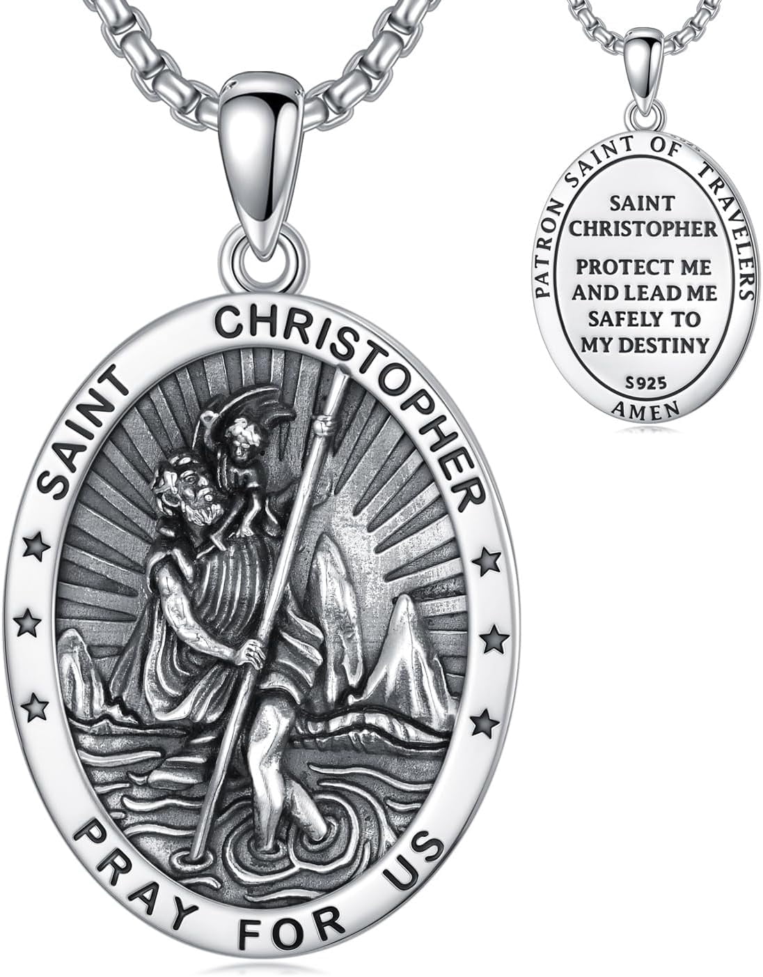 St Christopher Necklace for Men Women 925 Sterling Silver Oval St ...